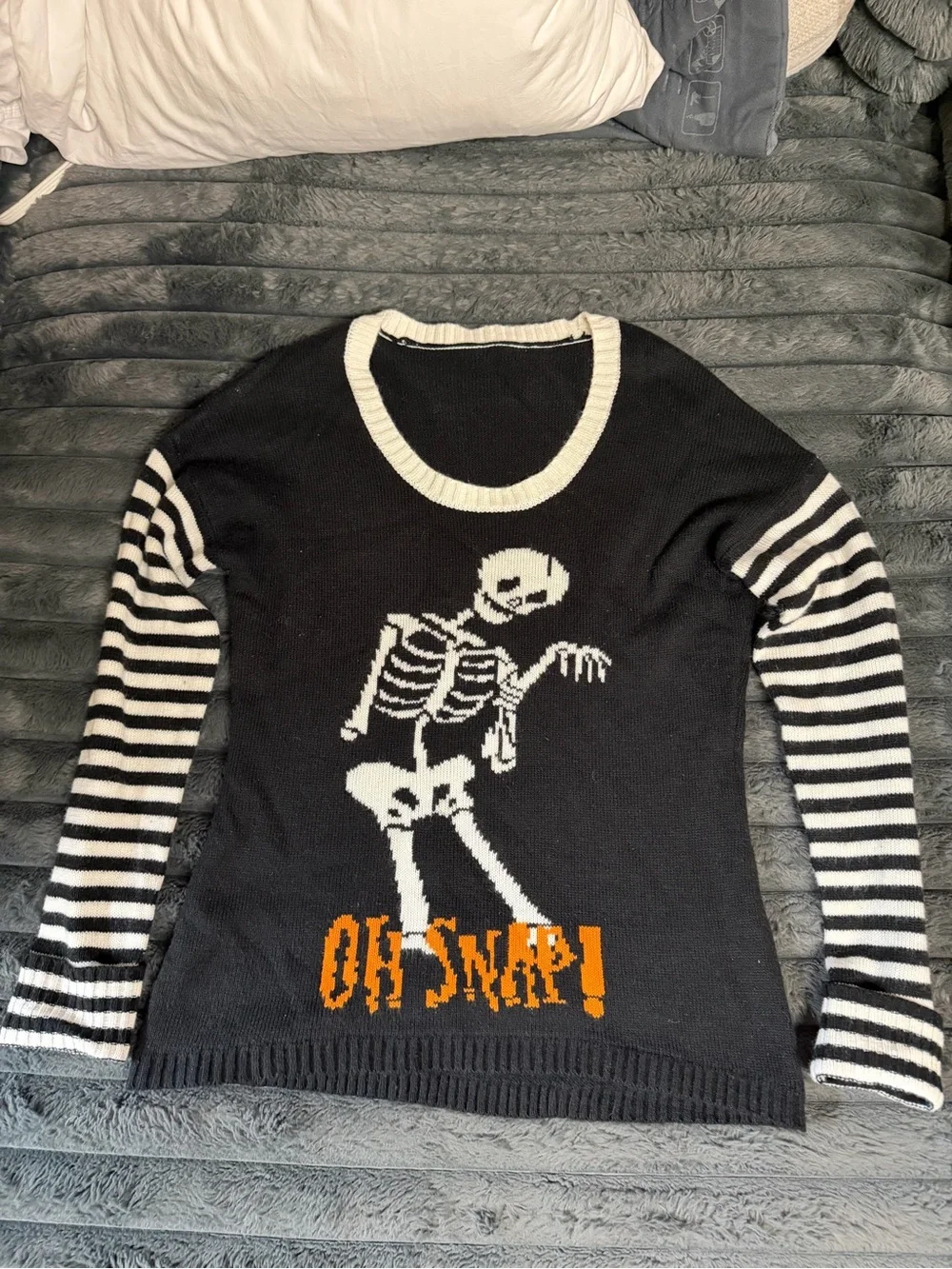 Black & White Skeletal Graphic Crewneck Sweater with Orange Accent